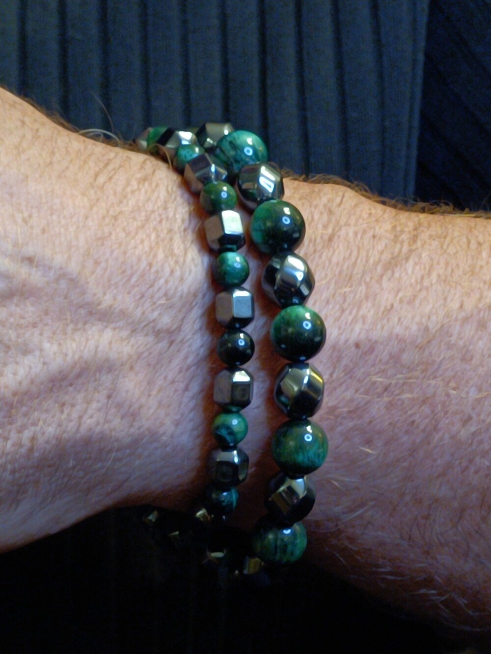 Green Tiger Eye And Hematite Beaded Bracelet Set - Picture 3 of 5